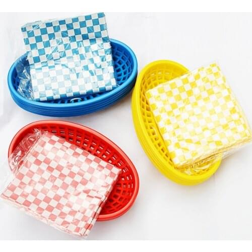 6pcs Plastic Fast Food Basket Hot Dog Serving Plate with 24 Red Checked Wax Liners Hamburger French Fries Paper Restaurant Tray