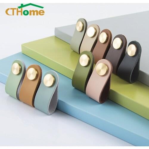 CTHome 10Colors Leather Brass Knob Handle Simple Cabinet Handles Nordic Drawer Pulls Furniture Handles Kitchen Cabinet Handles