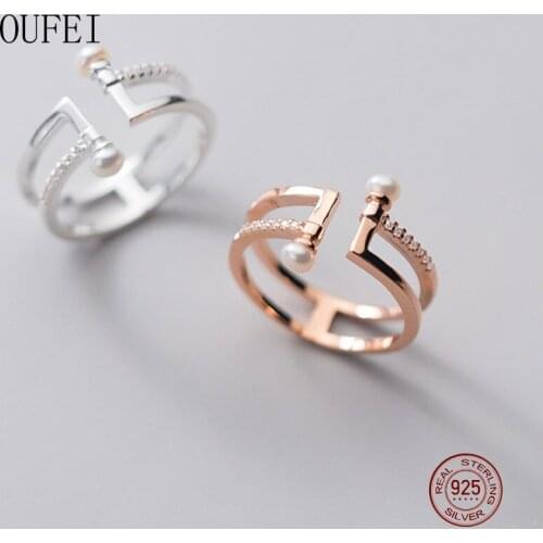 Double Ring Rose Gold 925 Sterling Silver Pearl Rings Simplicity Fine Jewelry Accessories 2020 Trends Girl Gift