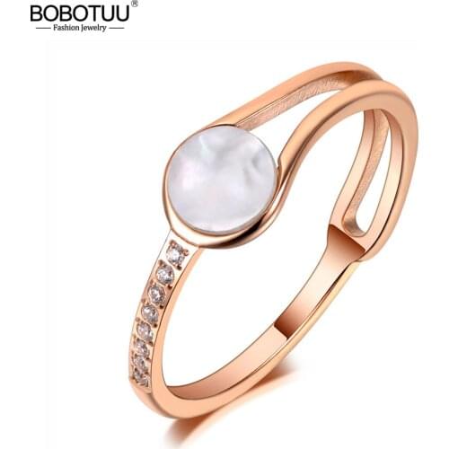 BOBOTUU Titanium Stainless Steel Rhinestone Stone Shell Rings Jewelry For Women Rose Gold Bohemia Style Finger Rings BR20003