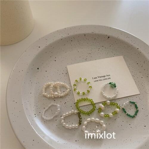 2021 New Kpop Trend Vintage Freshwater Pearl Green Crystal Beaded Rings For Women Girls Aesthetic Jewelry Summer Party Gift