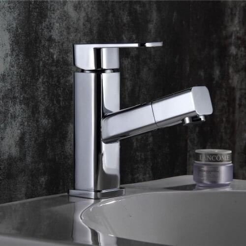 Copper Pull Out Bathroom Sink Faucet Hot and Cold Water Mixer Crane Square Basin Sink Tap Chrome Finished