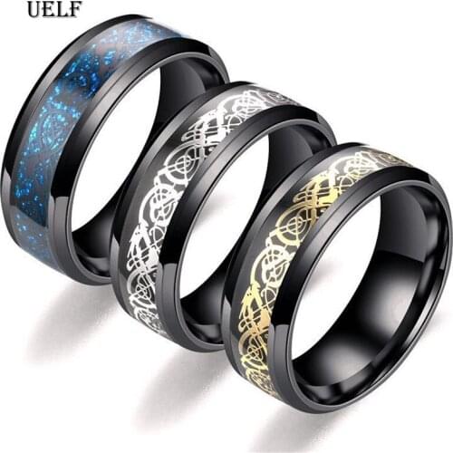 Uelf Man Ring Silver Blue Carbon Fiber Black Dragon Inlay Comfort Fit Stainless steel Rings for Men Wedding Band Ring