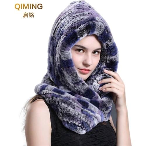 New Winter Hat Women Real Rex Rabbit Fur Hat Hooded Hair Scarf Hats Woman Cap Warm Natural Ladies Fur Hat With Neck Scarves