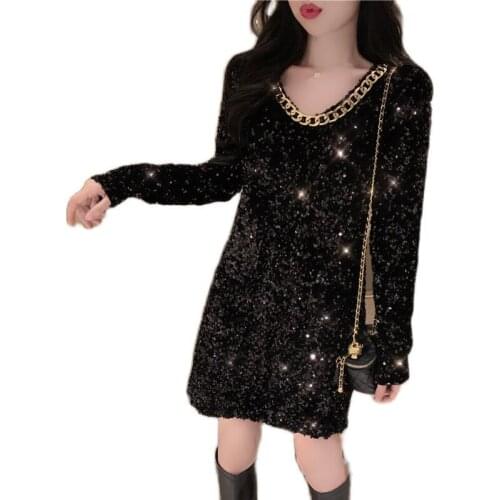 2020 Autumn Versear Women Elegant Sequins Dress V Back Pencil Mini Dress Elegant Glitter Shiny Party Gowns Female vestidos mujer