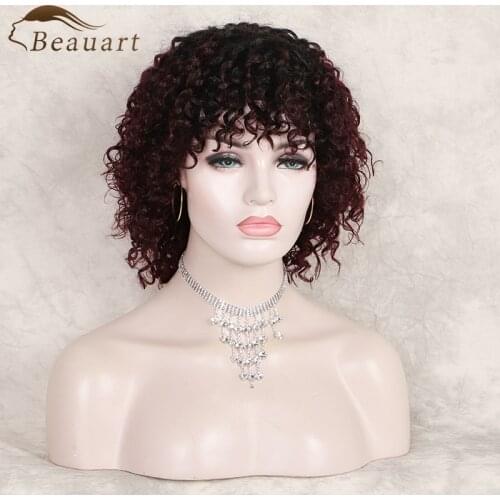 Beauart Afro Deep Curly Human Hair Full Wig 12"Short Kinky Curls Wig With Bangs For Black Women Red Wine Bob Cut Machine Wigs