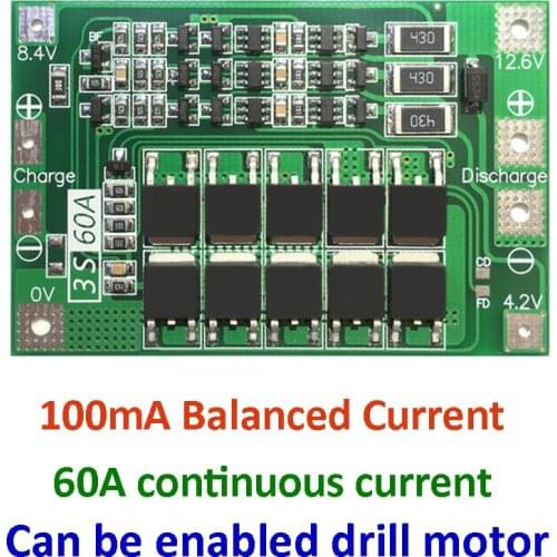 3S 60A Lithium Li-ion Battery Charger Protection PCB BMS Board with Balance For Drill Motor 11.1V 12.6V Lipo Cell Module