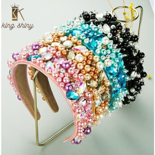 Lovely Baroque Full Color Simulated Pearl Headband for Woman Vintage Geometric Crystal Hairband Female Wedding Hair Accessories