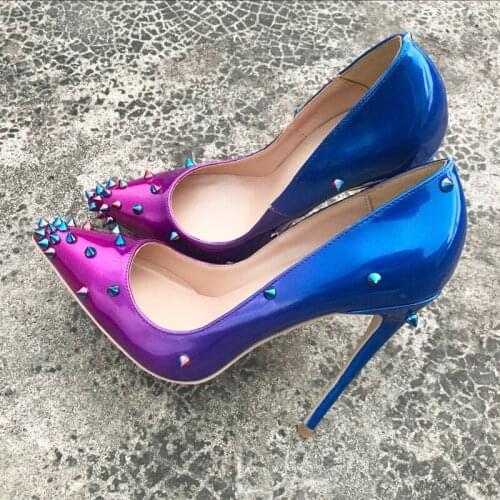 Blue Purple Gradient Rivets Pumps Ladies Metal Spikes Studs Pointed Toe Thin High Heels Outfit Stilettos Sexy High Heels Shoes