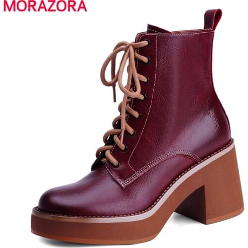MORAZORA New Full Genuine Leather Boots Women Shoes Lace Up Square High Heels Round Toe Fashion Thick Sole Platform Boots