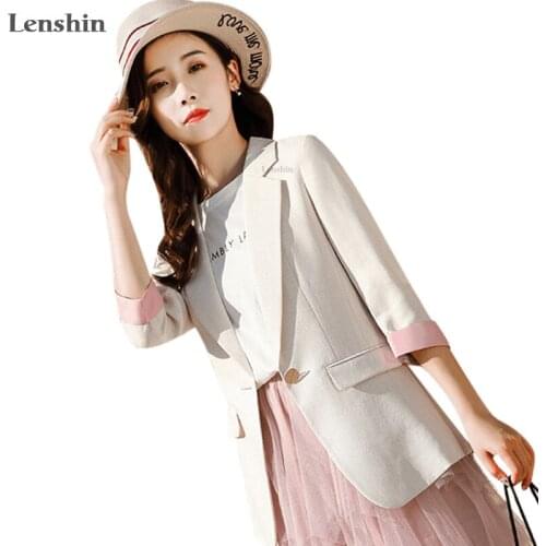 Lenshin Striped Jacket for Women Casual Style Female Breathable Coat Half Sleeve Patchwork Blazer Single Button Tops Outwear