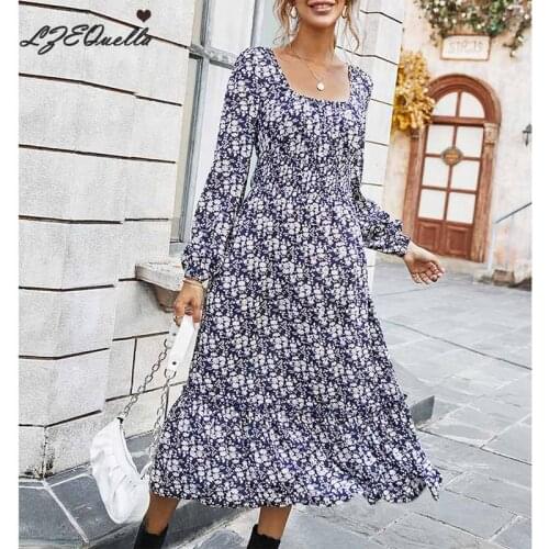 LZEQuella Summer Chiffon Print Dress Vintage Women Floral Square Collar Long Dresses Full Sleeve High Waist A-line Vestidos
