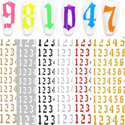 1 sheet 2021 New Old English Numbers Nail Decals Wrap 3D Nail Art Supplies 6Color Letter Number Nail Sticker Big Size 80mm*103mm