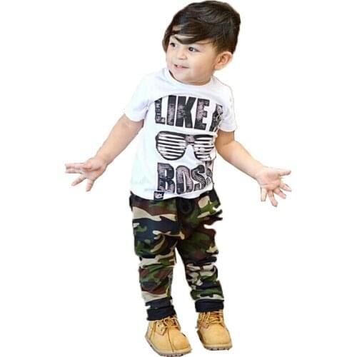 Like a Boss Kids Summer Outfits Casual Toddler Baby Kids Boys Camouflage Clothes Set T-shirt Tops+Long Pants 2PCS Outfits