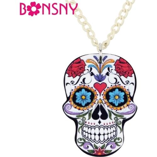 Bonsny Acrylic Halloween Colorful Skeleton Skull Necklace Pendant Chain Fashion Punk Jewelry Charms For Women Girls Ladies Bulk