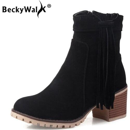 Faux Suede Ankle Boots Women Tassels Thick High Heels Womens Boots Large Size Shoes Woman Winter Autumn femmes bottes WSH3731