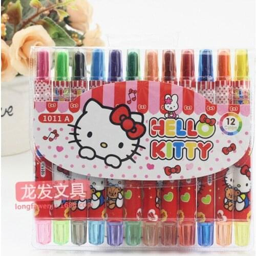 Sanrio Hello Kitty Cartoon Children Crayon Student Painting Brush Melody 12 Color Rotating Coloring Graffiti Pen
