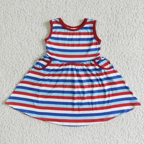 Kids High quality summer striped dress girls pocket design dresses for July 4th children sleeveless off shoulder dress