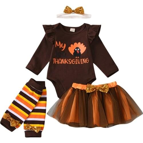 Baby Girl Thanksgiving Outfits Four Piece Suit Letter Long Sleeve Romper Sequin Bow Gauze Skirt Headband Leg Warmer 0-18M