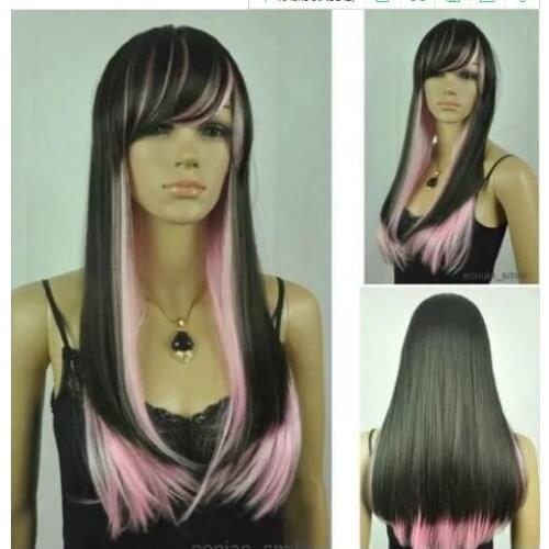 SHIPPING Hot heat resistant Party hair>>>>Black + Light Pink Mixed Long Straight Women Cosplay Wig