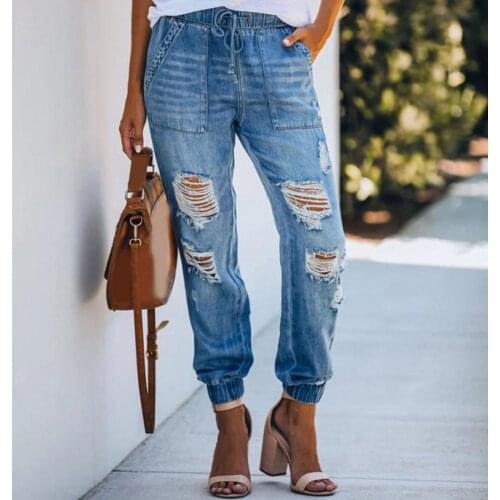 Women Jeans High Waist Ripped Pockets Harem Pants Solid Color Stylish Long Pants Vintage Denim Trousers Lady Casual Streetwear