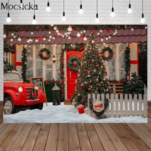 Christmas Tree Backdrop Courtyard Red Car Snowfield Fence Child Portrait Props For Photography Background Photo Studio Photocall