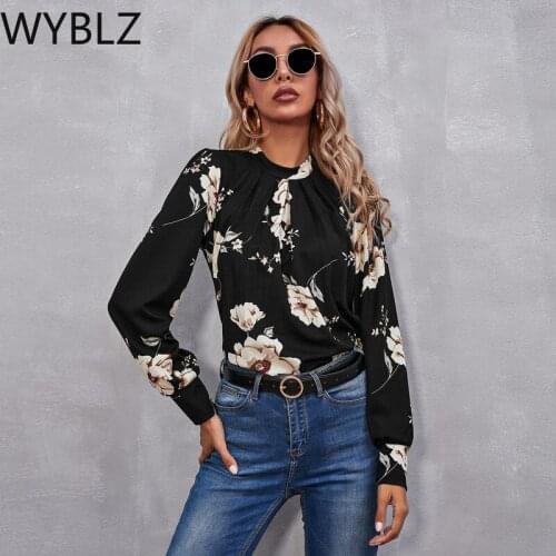 WYBLZ Womens T-shirt Spring and Autumn Printed Chiffon Top Slim Thin Long Sleeve Temperament Pullover 2021 New Fashion T-shirt