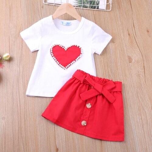Summer Girl Suit 2021 New Iove Pearl Short Sleeve + Pure Color Short Skirt Two-Piece Baby Girl Clothes Suitable For 2-5 Years