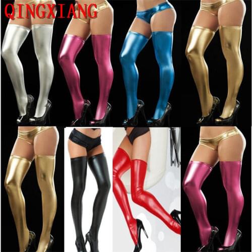 LK58 2018 Faux leather Clubwear Micro Mini Latex Silver Gold Blue Women Stockings Lady Pole Dance Stocking Thigh with G String