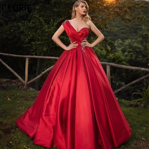 LORIE 2020 Muslim Evening Dress One Shoulder Lace Ball Gown Satin Dubai Saudi Arabic Red Formal Evening Gown Prom Party Dresses
