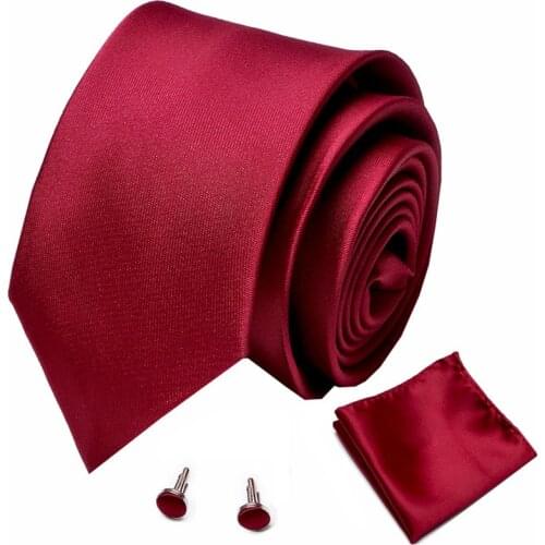 Fashion solid Tie For Men Red Wine Silk Wedding Tie Hanky Cufflink Gift Tie Set Novelty Design Business