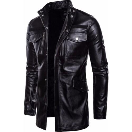 Mens long leather jacket motorcycle jacket windbreaker jacket black spring spring 2020