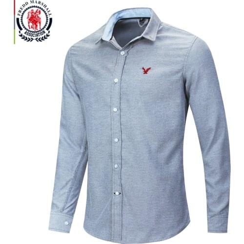 Fredd Marshall 2020 New Casual Embroidery Shirt Men 100% Cotton Classic Denim Shirt Male Fashion Slim Fit Solid Color Shirts 210