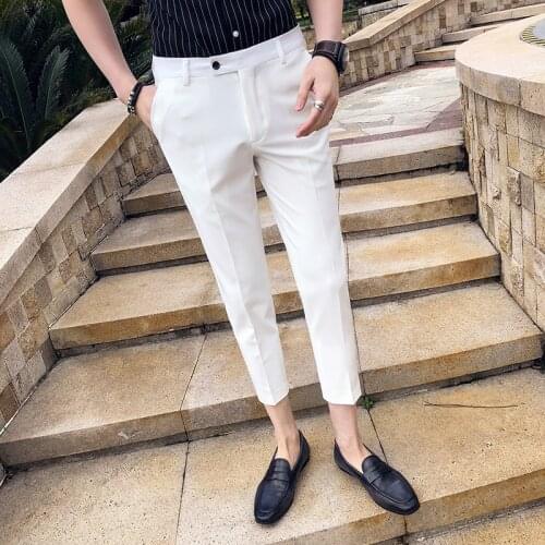 Mens solid color suit nine-point pants 2021 summer new male luxury banquet party slim suit pants fashion British casual trousers