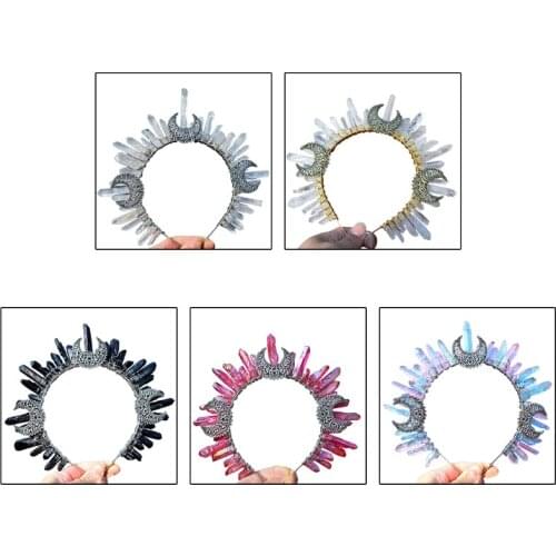 N7MF Raw Crystal Quartz Jewelry Tiara Headband Metal Moon Witch Wizard Crown Hairband