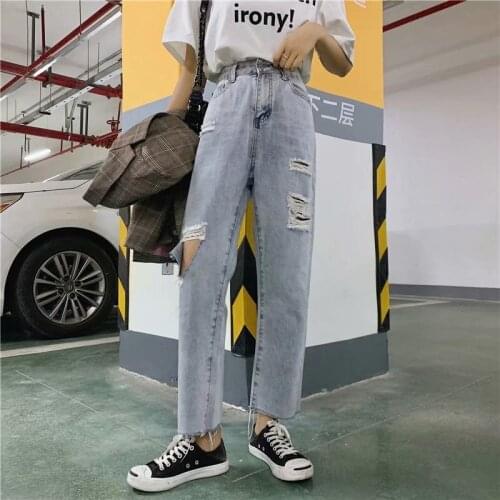 Ripped jeans women 2020 autumn winter gitls denim new womens high waist fashion loose casual straight ankle length pants women