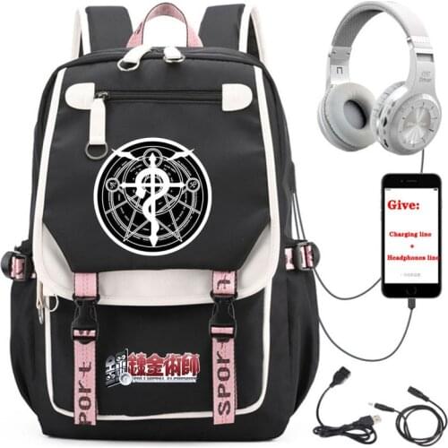 Anime Fullmetal Alchemist backpack student School book Bag Women men Travel Backpack USB Charging teenagers Laptop packsack