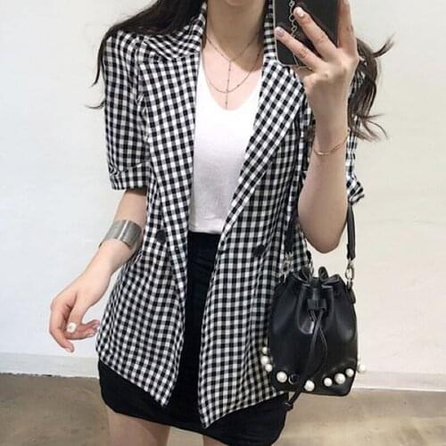 Retro Lapel Black and White Plaid Small Suit Jacket Female Korean Summer Casual All-Match Loose Short-Sleeved Suit Jacket