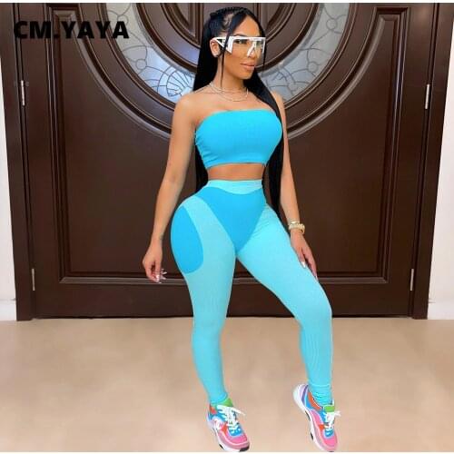 CM.YAYA Ribbed Sweatsuit Womens Set Strapless Crop Tops and Legging Pants Matching Two 2 Piece Set Active Tracksuit Outfits