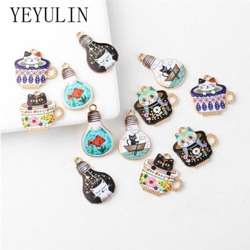 10pcs/pack Light Bulb Cat Cup Enamel Charms Pendant For Women Girls DIY Earring Bracelets Jewelry Making Golden Base Accessories
