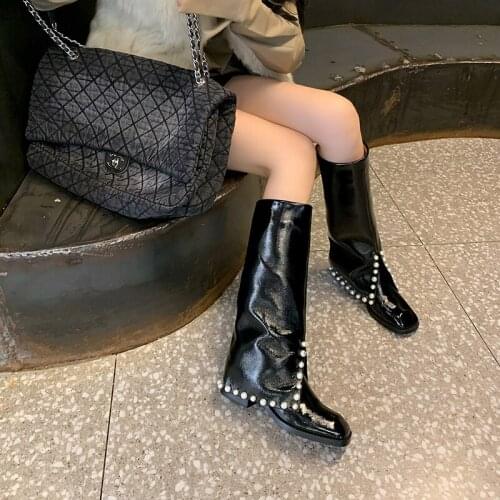 Thin Fashionable Fried Street Trousers Boots Women Niche French Pearl Net Red Boots Denim Patent Leather High Boots winter Slim