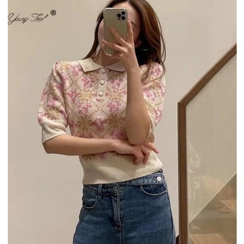 Flower Print Knitted Sweater Lady Elegant Vintage Lapel Half Sleeve Pullover Autumn Fashion Chic Patchwork Button Chic Tops 2021