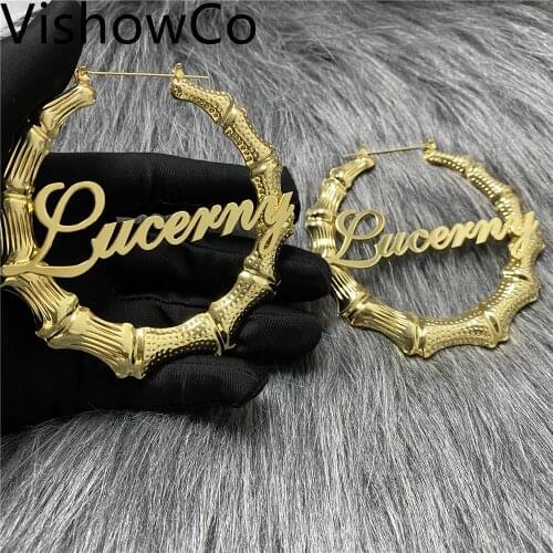 VishowCo Bamboo Earrings Hiphop Sexy Bamboo Hoop Earrings Customized Name Earrings Bamboo Style Custom Earrings Statement