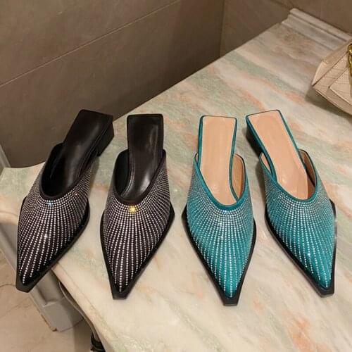 2021 Women Slippers Thick Low Heels Sandals Mules Shoes Woman Fashion Heel Slides Flip Flops Rhinestone Ladies Slippers Shoes