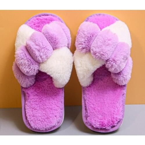 Women Warm Fluffy Slippers Cozy Faux Fur Cross Indoor Floor Slides Flat Soft Shoes Lady Female Comfortable Quality Flip Flop