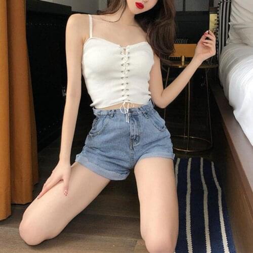 Women’s Fashion slim Solid Color Camisole Summer Sexy Pleated Hollow Bandage Exposed Navel Top Y2k Crop Top