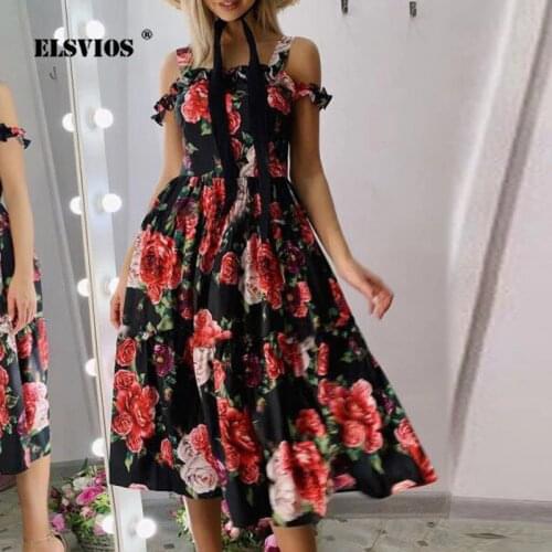 Women Backless Floral Print Dress 2020 Summer Off The Shoulder Ruffle Beach Sundresses Spring Sleeveless Spaghetti Strap Dress