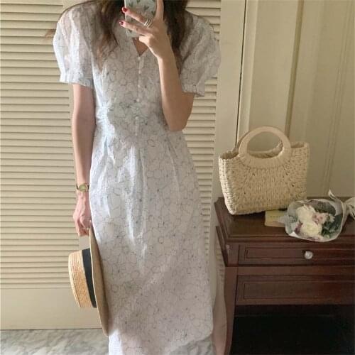 Alien Kitty 2021 Slim French Florals Puff Sleeves Printing Dress Robe V-Neck Party Vintage New A-Line Summer OL Women Vestidos