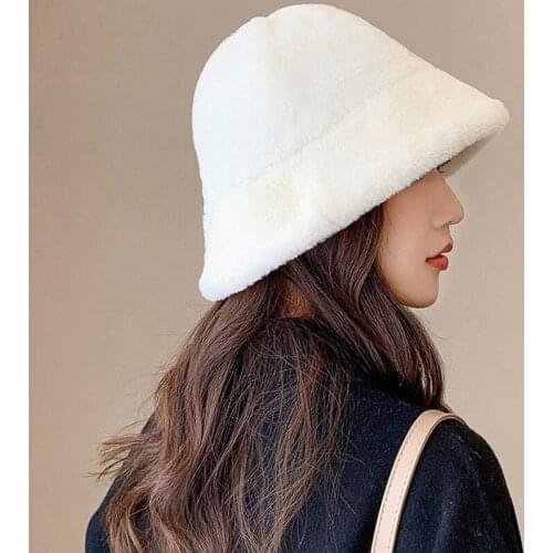 Winter Fisherman Caps for Women Warm Thickened Bucket Hats Outdoor Travel Faux Fur Panama Sunt Hat Lady Plush Cap New