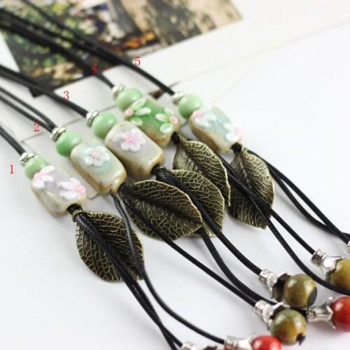 12 Pieces/Lot Black Braided Necklace Ceramic Beads Flower Pendant Sweater Clavicle Choker Adjustable Bohemia Women Chain Gifts